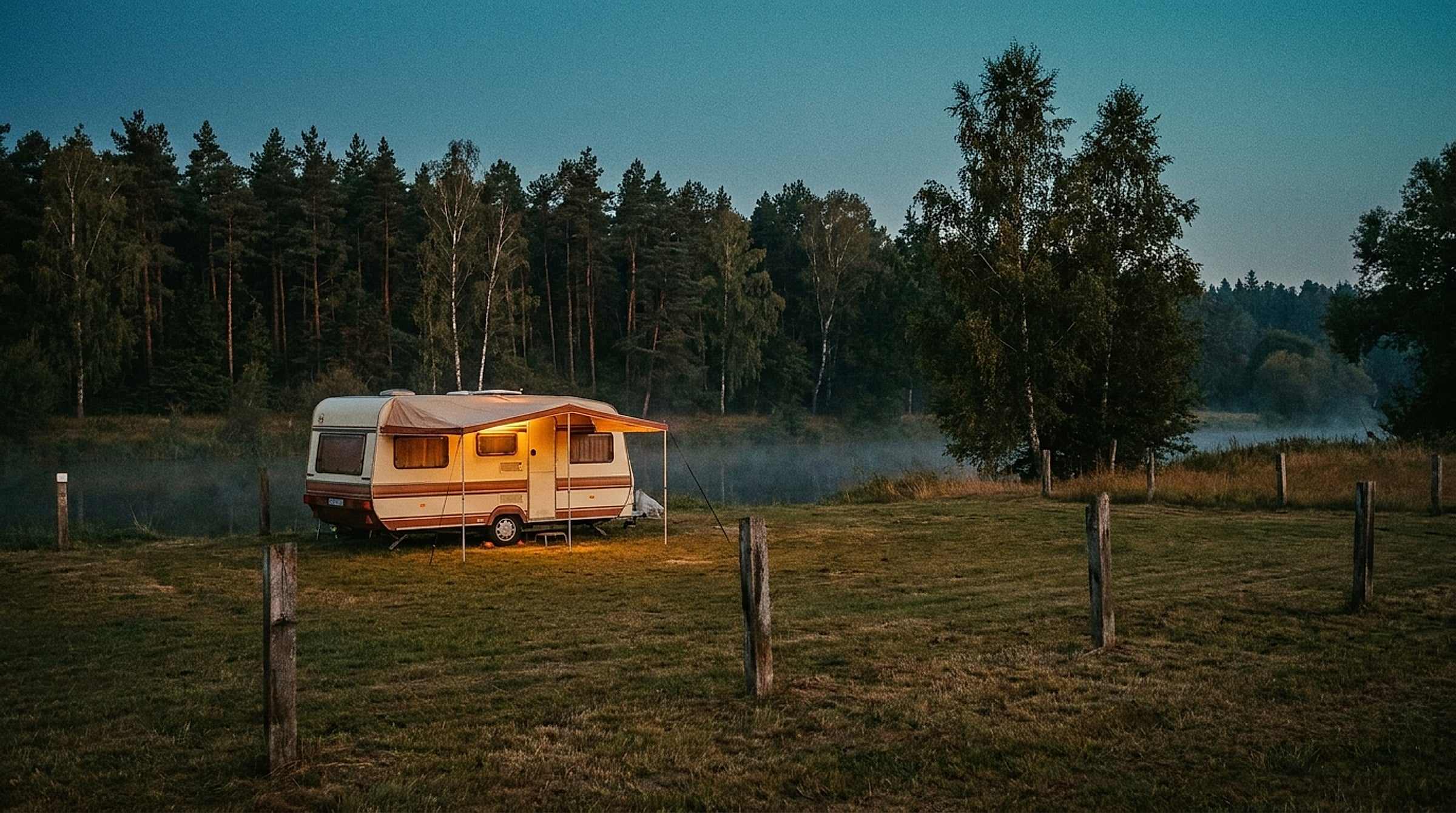 Kemp za soumraku, rozsvícená markýza u karavanu